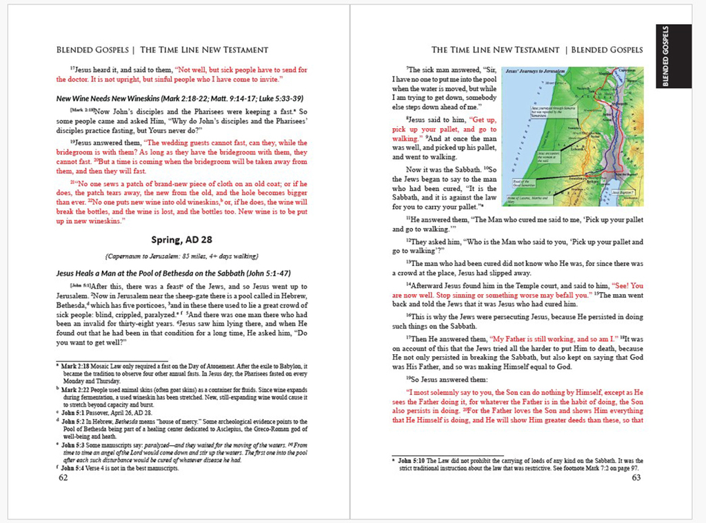 Layout example of a Bible with many elements such as images, multiple footnotes, colored text, specialized headers, specialized page bleeds