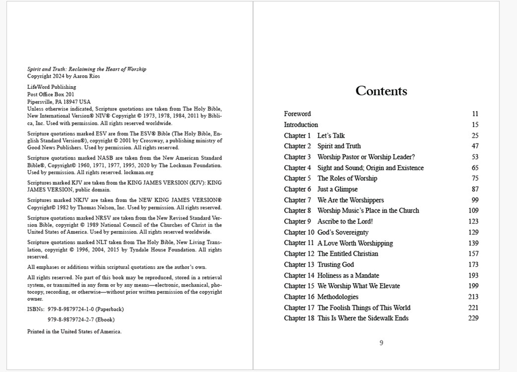 Layout example of a copyright page with multiple Scripture versions, also specialized TOC for chapters with a number separate from the title