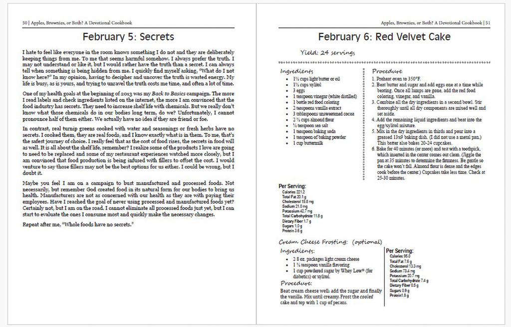 Layout example of a devotional cookbook with complicated design for recipes