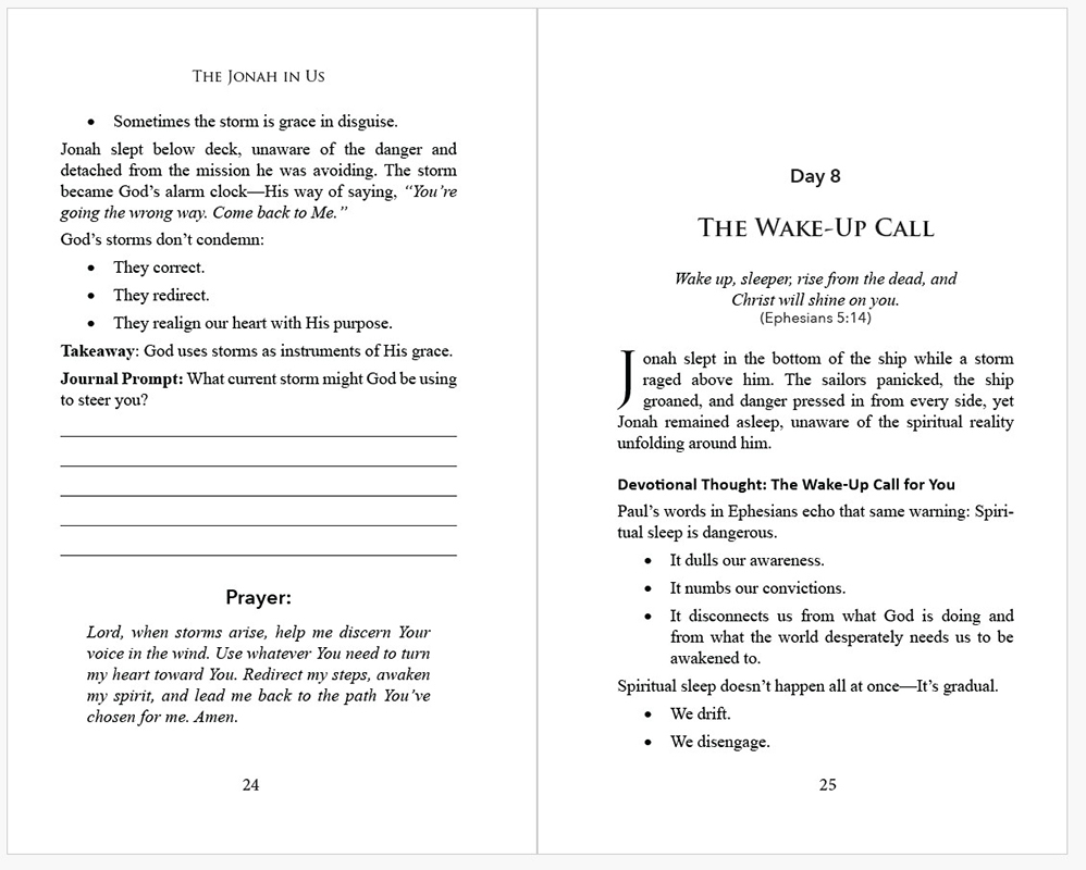 Layout example of chapter starting page, dropcaps, bulleted lists, subtitles, quotes, and journal entries