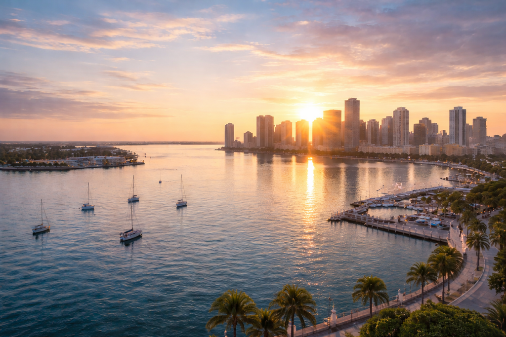 A picture of a harbor at sunset